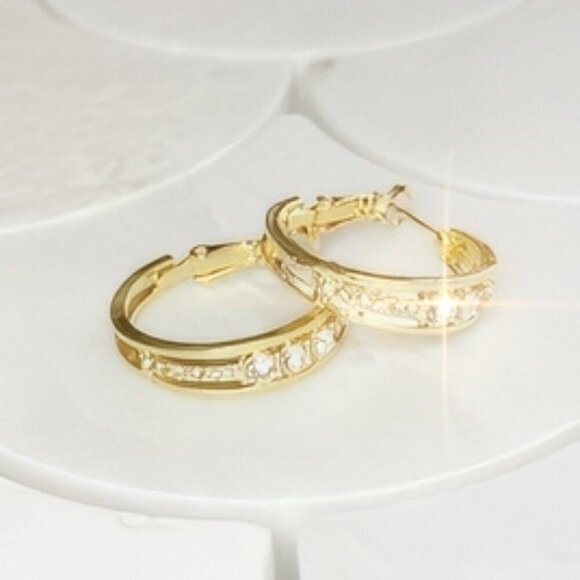 Jewelry - NWT Elegant Small Gold Hoop Earrings with Crystal Embellishment Sparkly Chic